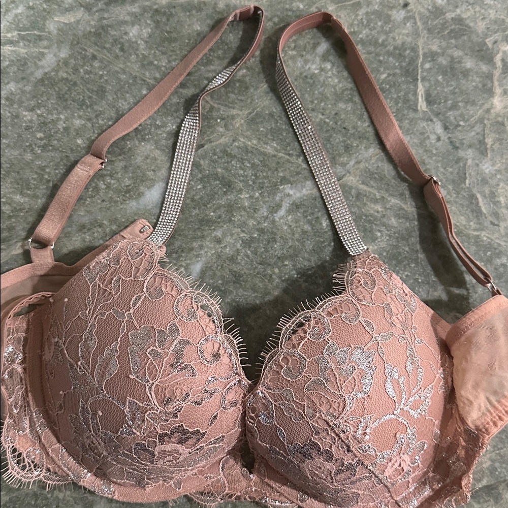 Victorias Secret Rhinestone Bling 32C Push Up Nude Bra